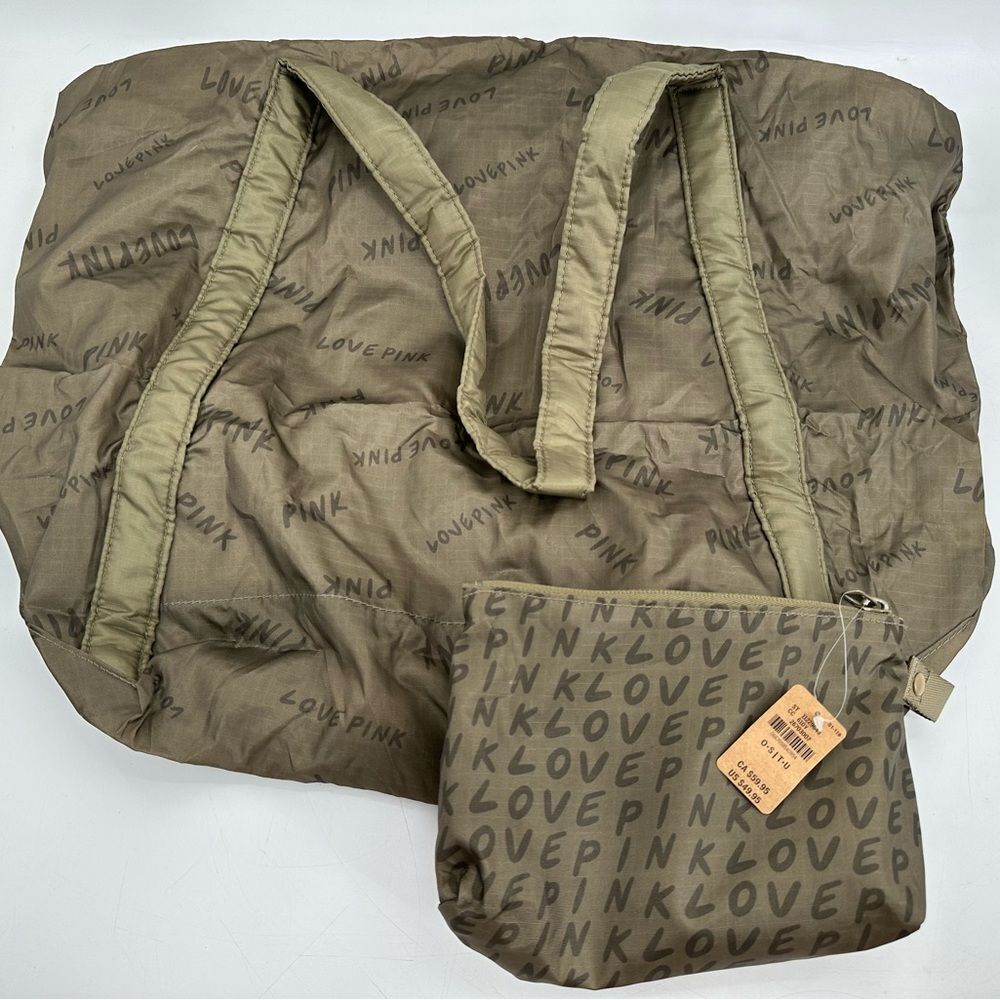NEW NWT VICTORIA'S SECRET Love Pink Large Weekender Tote Folding Bag Green Logo - Picture 2 of 8
